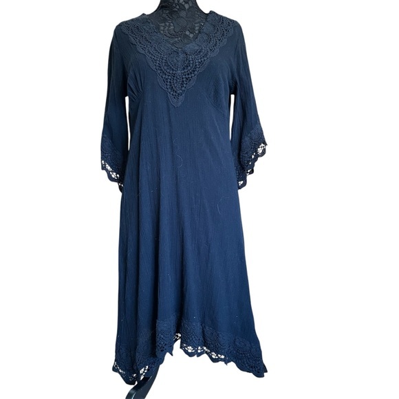 Soft Surroundings Black Cotton Linen Gauze Lace Midi Asymmetrical Dress … - Picture 1 of 16